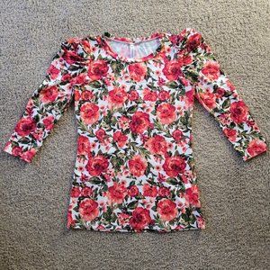 piphany coral red rose print soft princess sleeve top